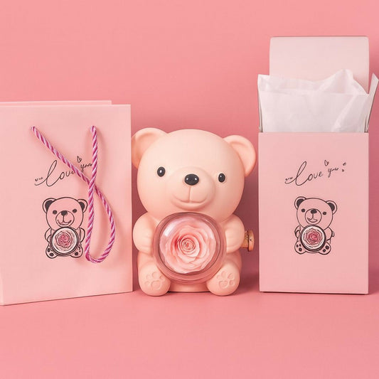 Pink Teddy Bear With Eternal Rose Gift Box | Romantic Love Gift for Her & Couples