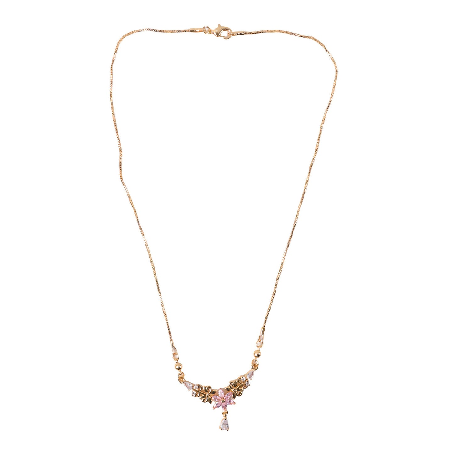 Women's pendant necklace featuring a pink flower and crystal drop with gold finish