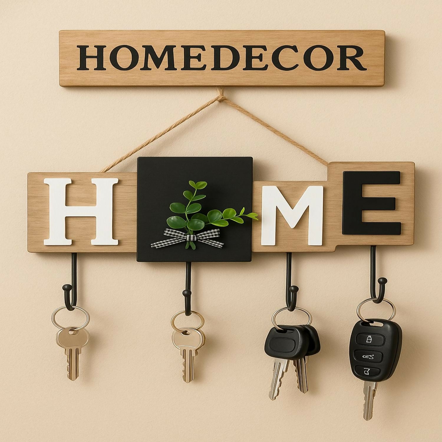 Wooden Wall Mounted Key Holder with Hooks – Decorative “HOME” Letter Design with Artificial Green Leaf Accent and Bow, Rustic Entryway Organizer for Keys, Wallets & Accessories