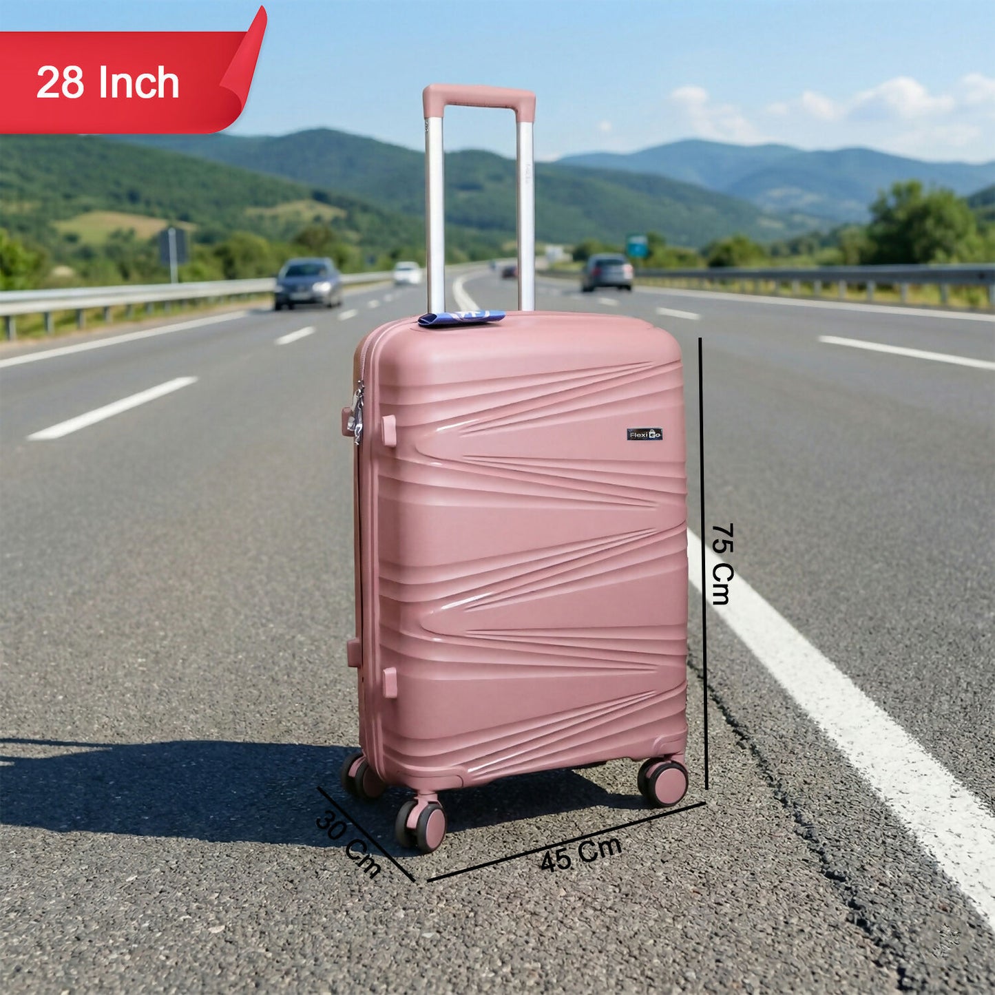 Modern ribbed hard shell design detail of rose gold lightweight trolley suitcase