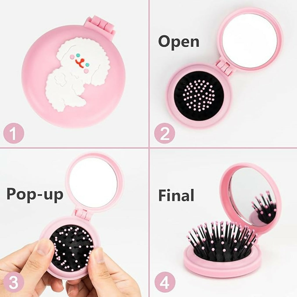 Foldable Hair Brush with Mirror Compact Travel Hair Comb for Women & Girls(COLOR MAY VARY)