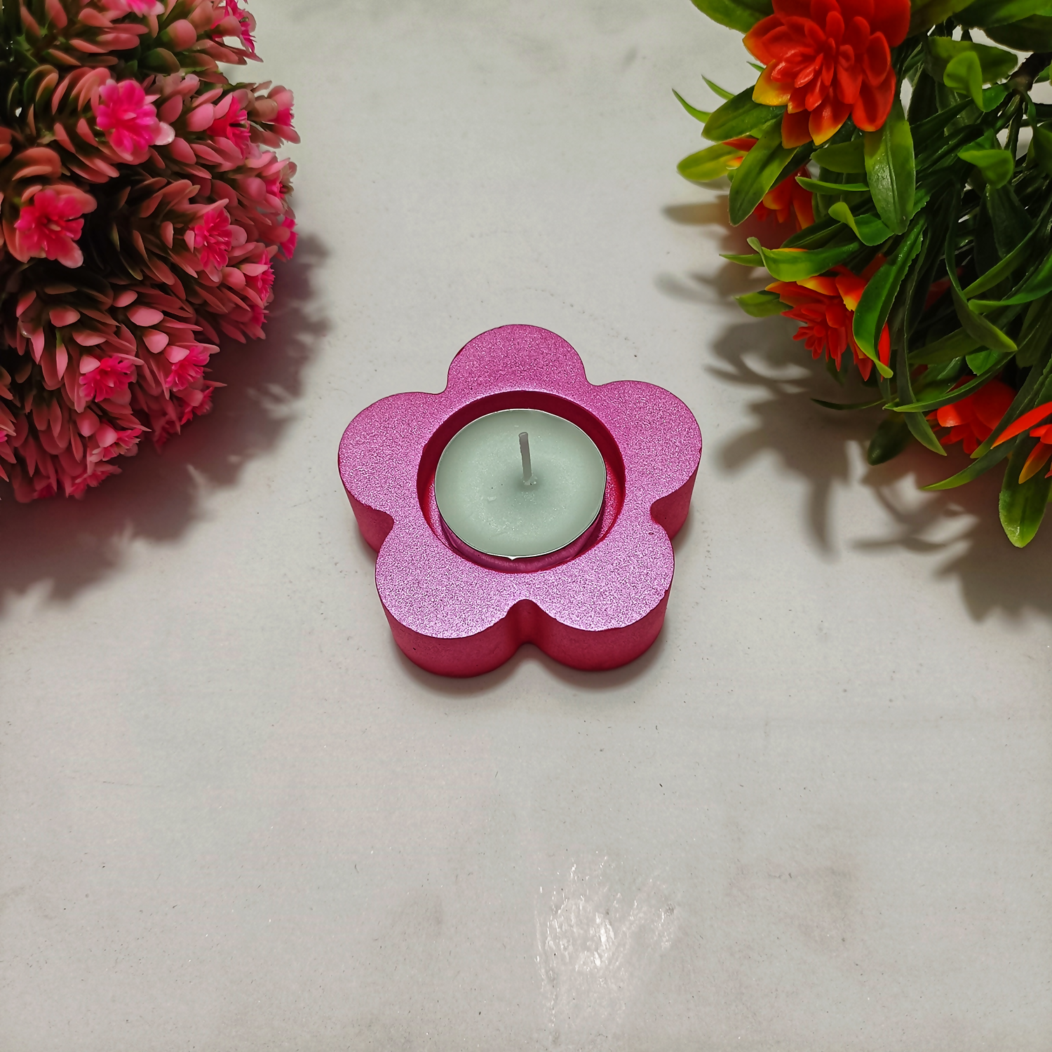 Handmade Flower Diya – Metallic Pink| Layered Tealight Holder for Diwali, Pooja & Home Décor | Unique Festival Gift Item