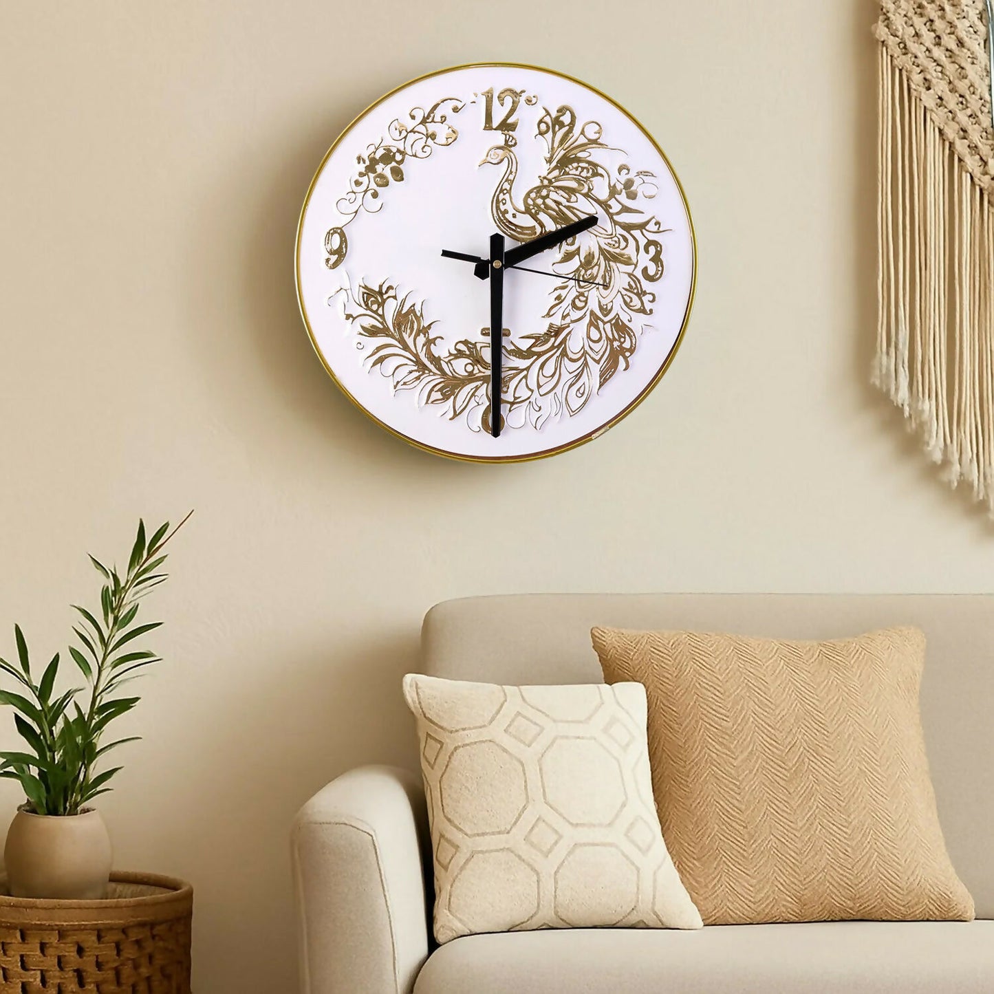 White Resin Art Wall Clock with Peacock Design & Gold Detailing (10x10)