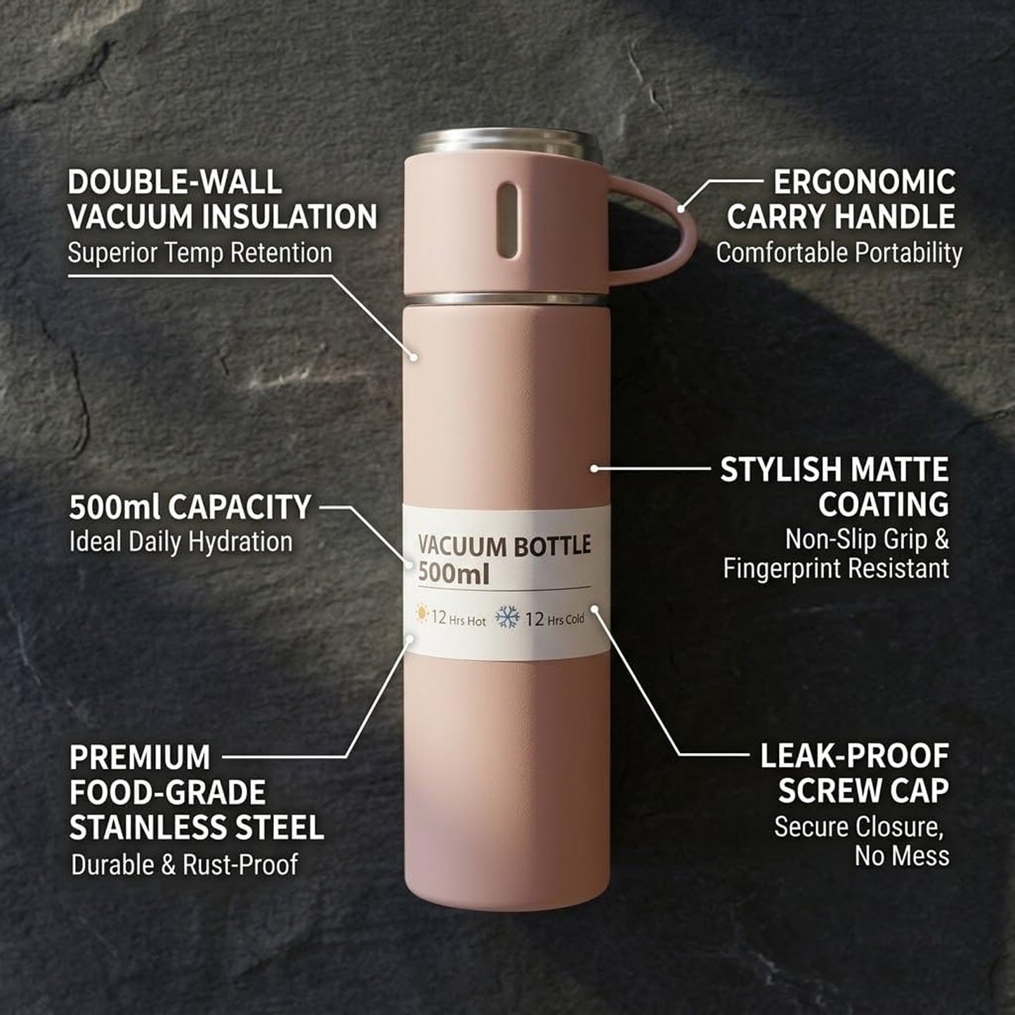 A pink vacuum bottle with two cups is shown with text highlighting its double-wall insulation, 500ml capacity, and