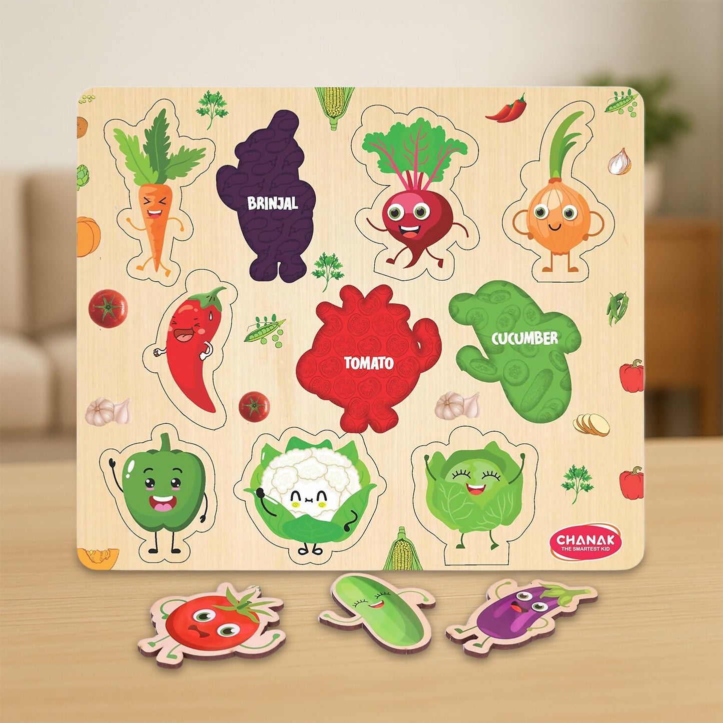 Wooden Vegetable Learning Puzzle Board for Kids – Colorful Puzzle with Cute Veggie Characters