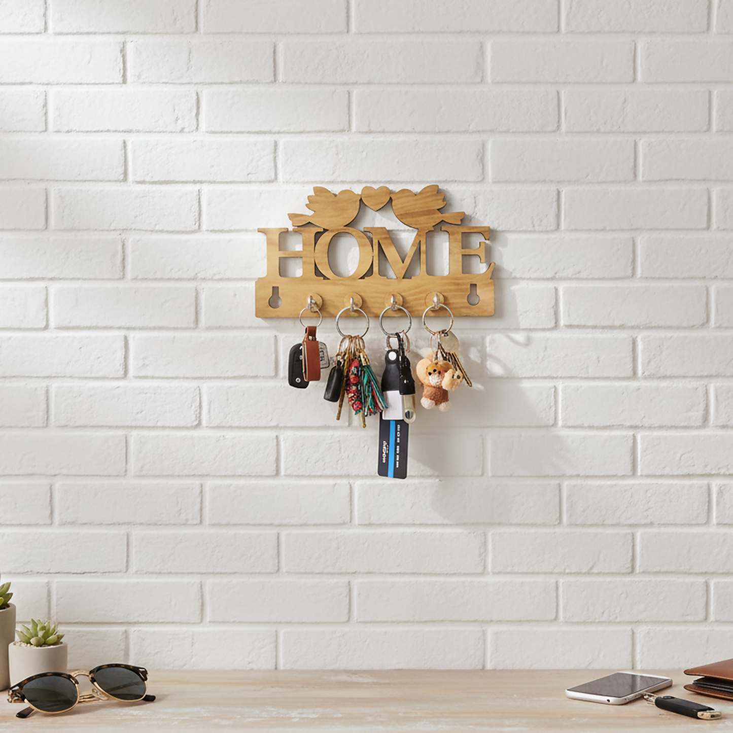 Wooden Key Holder for Wall “HOME” with Birds – Decorative MDF Wall Key Organizer | Home Décor Key Stand