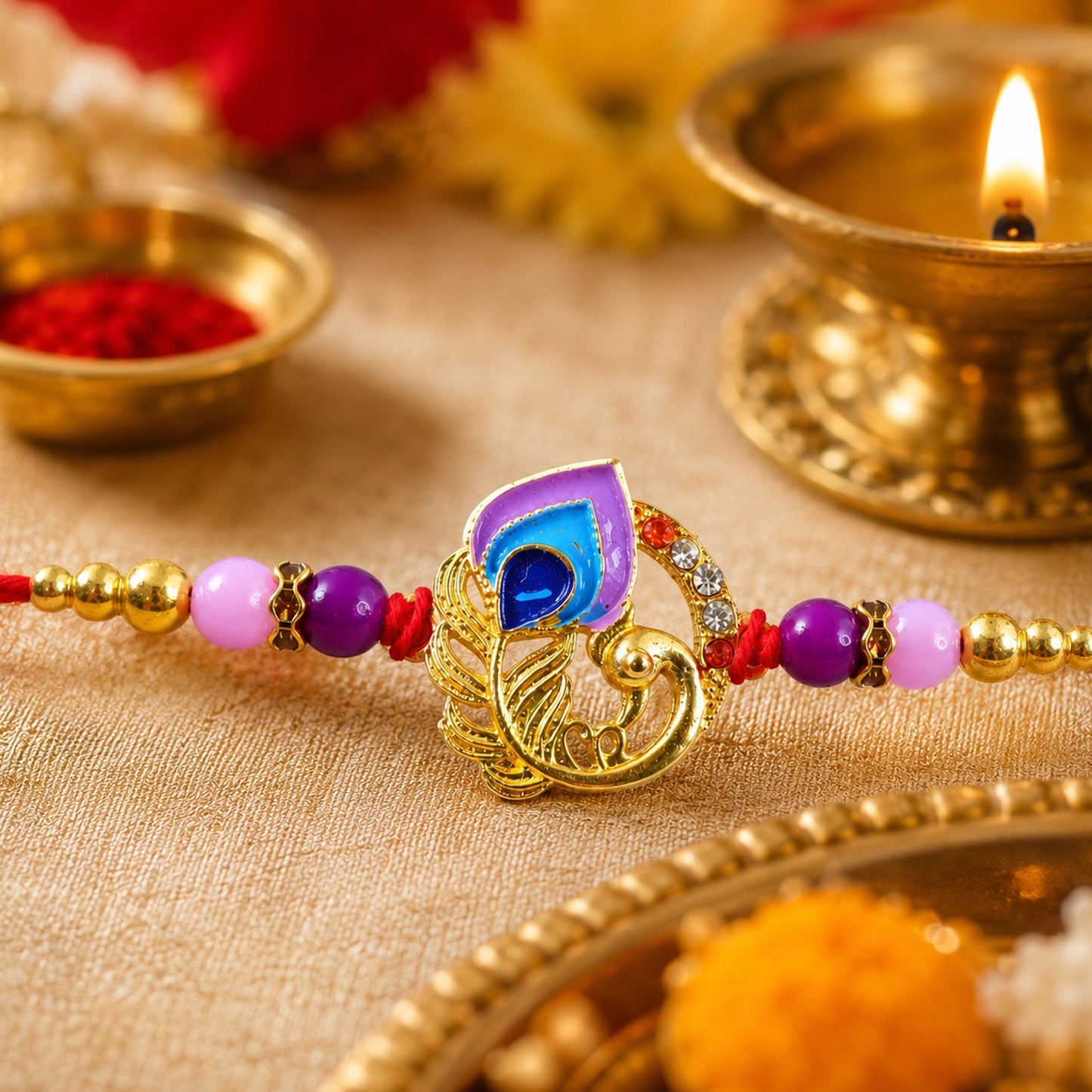 Detailed look at the peacock-inspired centerpiece of the purple blue designer Rakhi