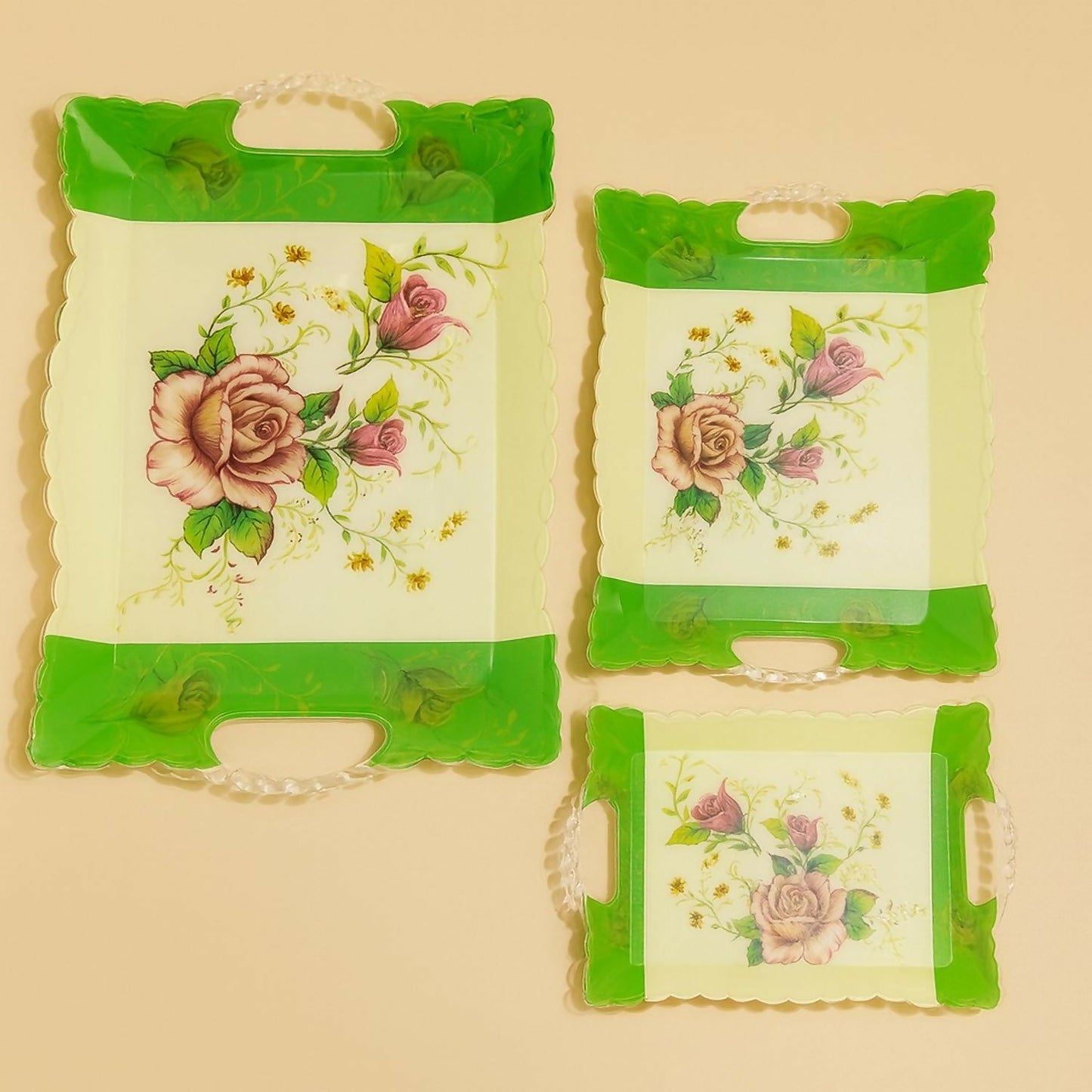 Luxury Acrylic Fruit & Serving Tray Set of 3 | Rectangular Designer Kitchen & Dining Trays with Floral Print | Strong Durable Multipurpose Trays for Snacks, Fruits, Tea, Coffee, Cakes & Party Serving