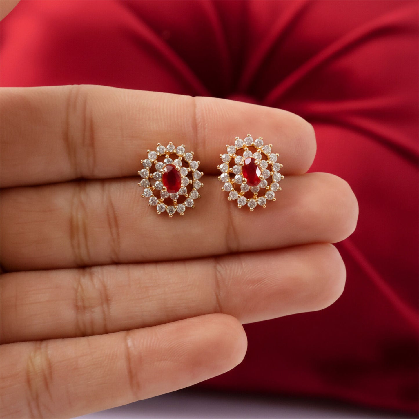 Elegant Red CZ Stone Stud Earrings with Gold Finish for Party, Wedding & Daily Wear