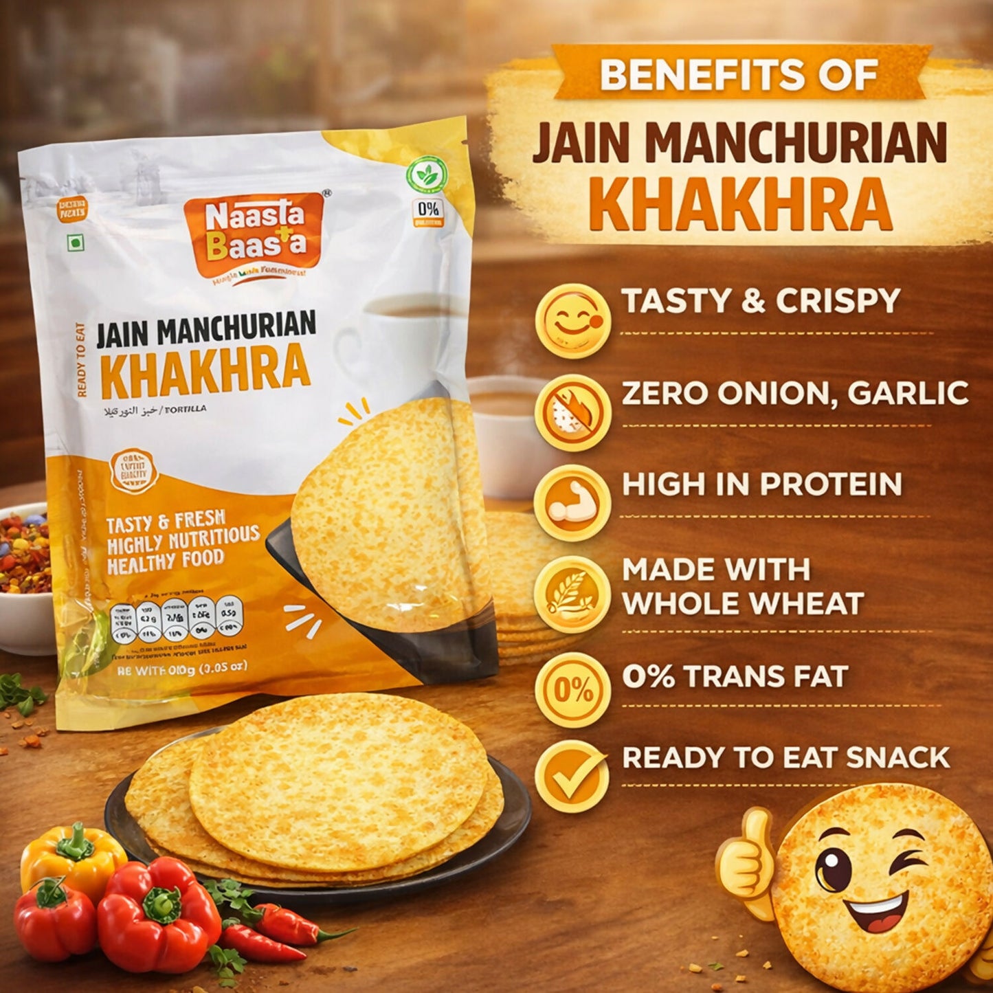 Naasta Baasta Jain Manchurian Khakhra - Crispy Ready to Eat Whole Wheat Snack (200 Gm)