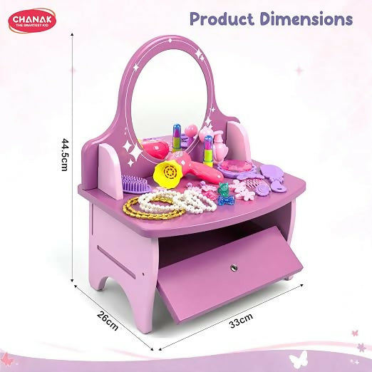 A purple and pink wooden vanity with a drawer pulled out, showing product dimensions of 44.5cm, 26cm, and 33cm.