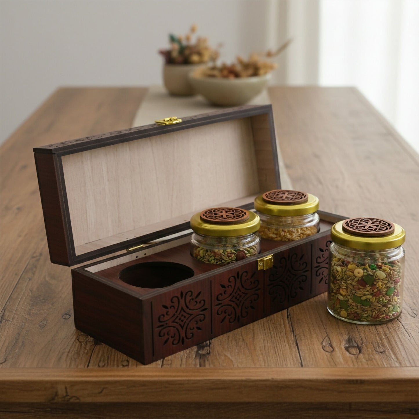 Close-up of carved wooden finish on dry fruit storage gift box