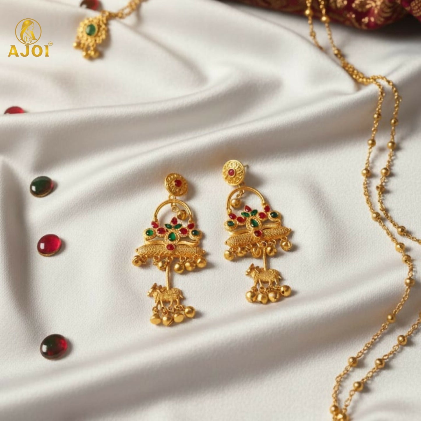 Antique Gold-Plated Red & Green Stone Tribal Drop Earrings with Cow Earrings