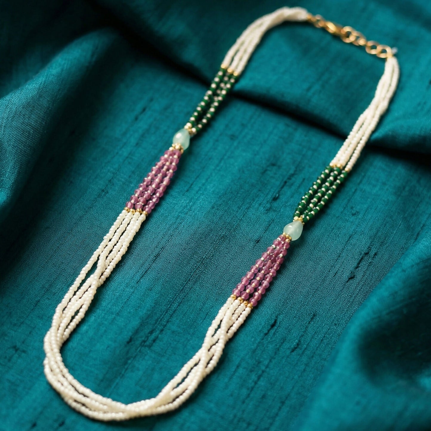 Elegant Multi-Layer Pearl Beaded Necklace with Green, Pink & Pastel Stone Accents