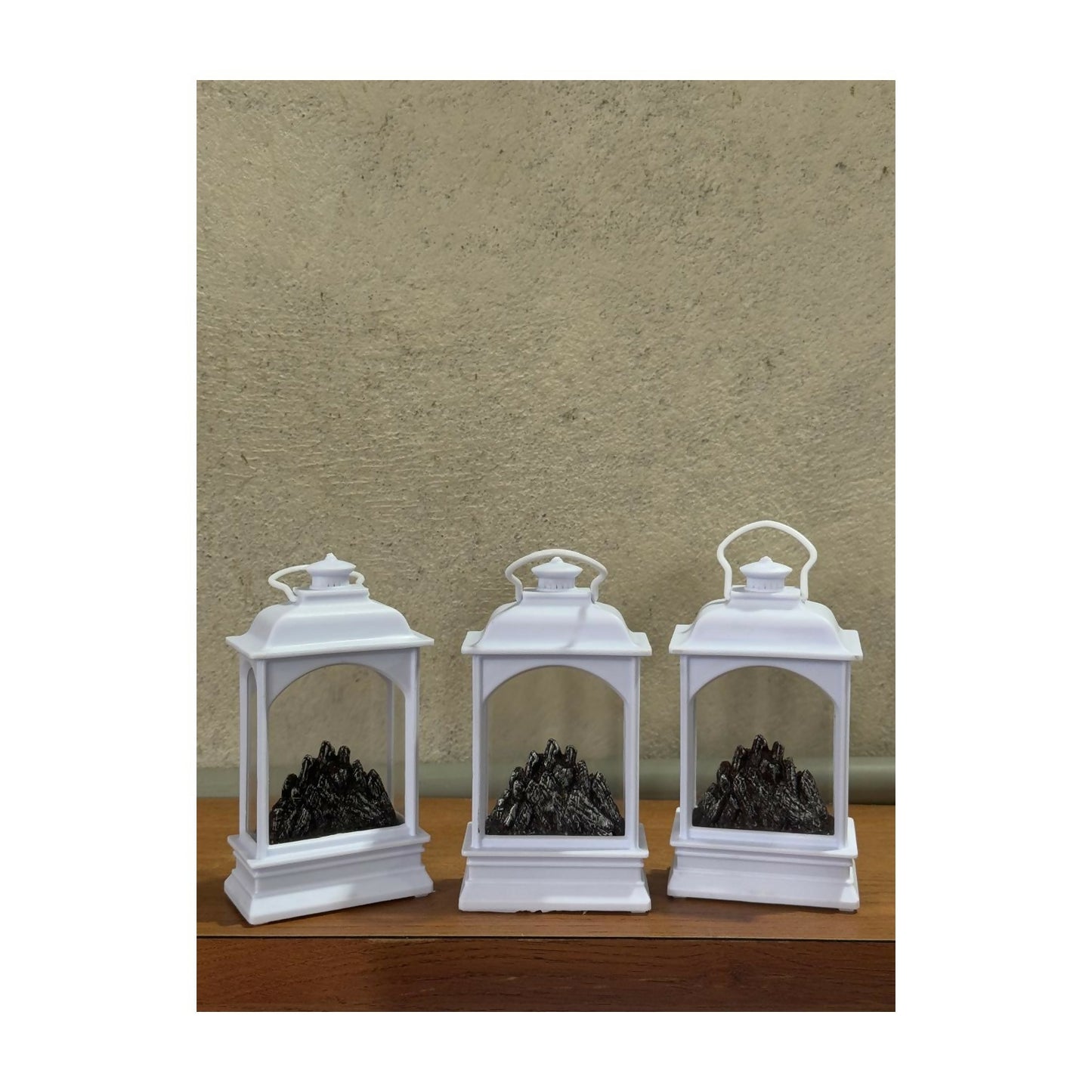 Decorative White LED Lantern with Simulated Fire Flame Effect | Battery Operated Flameless Lantern Light for Home Décor, Living Room, Bedroom, Garden, Diwali, Christmas & Gifting – Set of 3