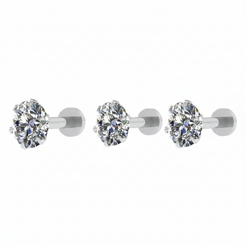 Close-up of silver plated round solitaire stud earring highlighting flat back design