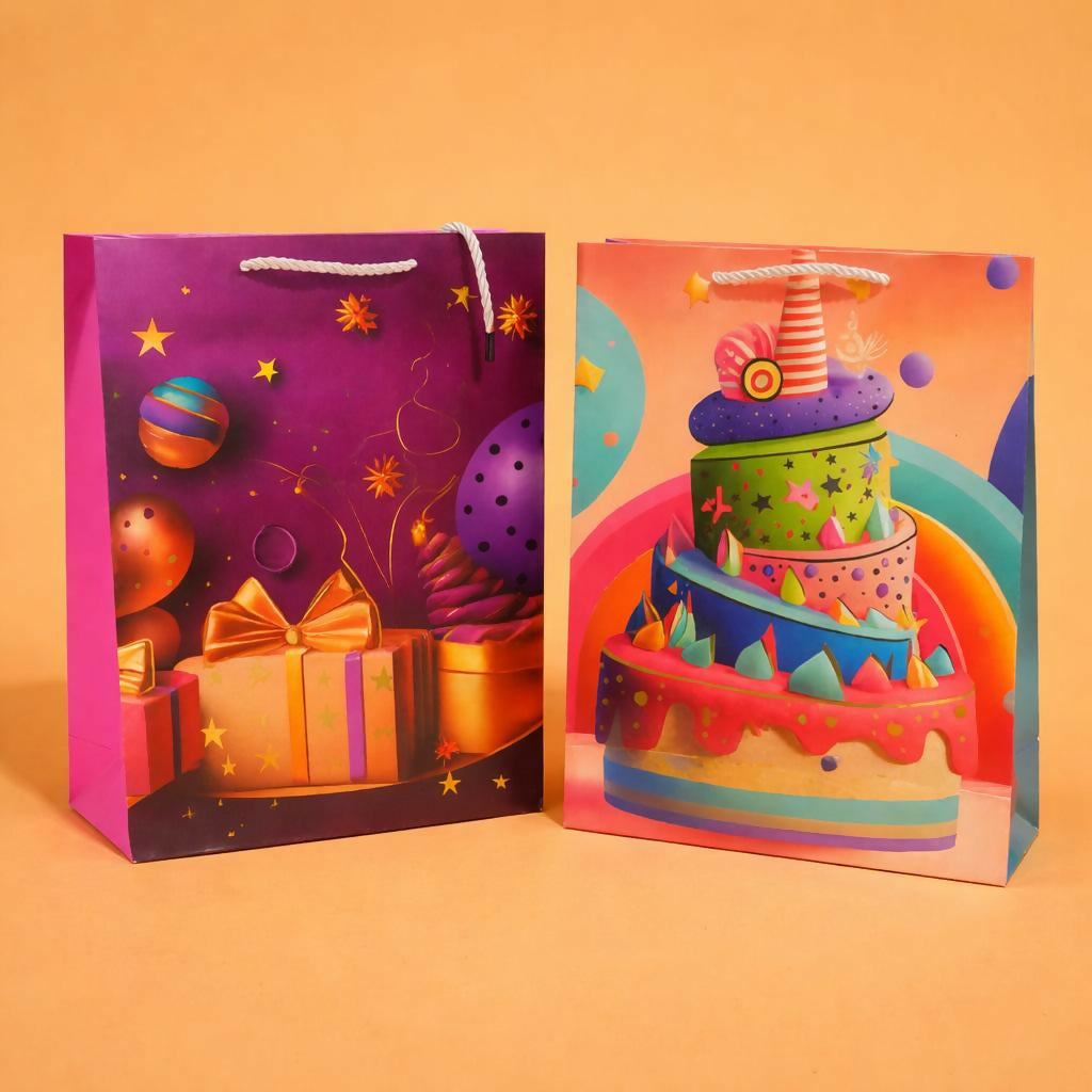 Side view of Happy Birthday paper gift bag with strong rope handles