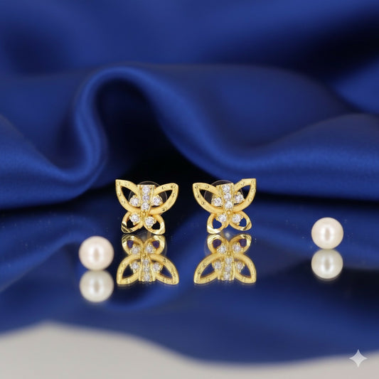 Butterfly Stud Earrings | Gold Plated AD Stones | Lightweight for women and girls