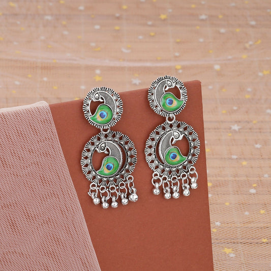 Oxidised Silver Peacock Motif Drop Jhumka Earings