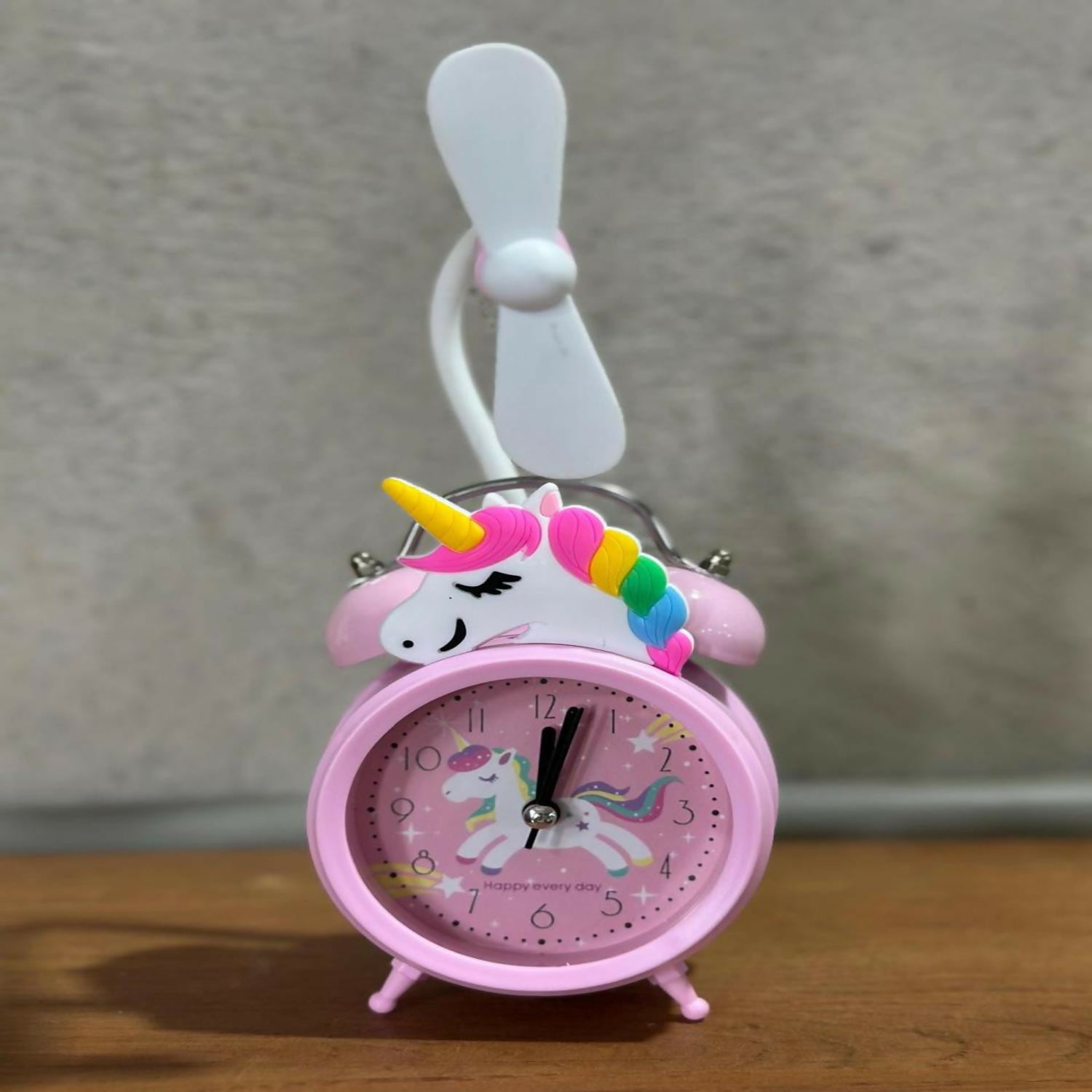 Unicorn Design Pink Alarm Clock with Cute Fan | Kids Table Clock with Night Light & Cartoon Unicorn Theme | Silent Quartz Movement, Battery Operated Bedside Clock for Girls Bedroom & Gift