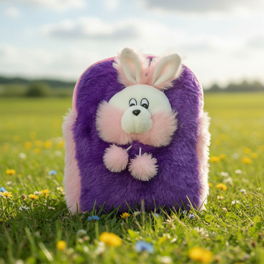 Front view of multicolor plush animal face kids backpack for toddlers