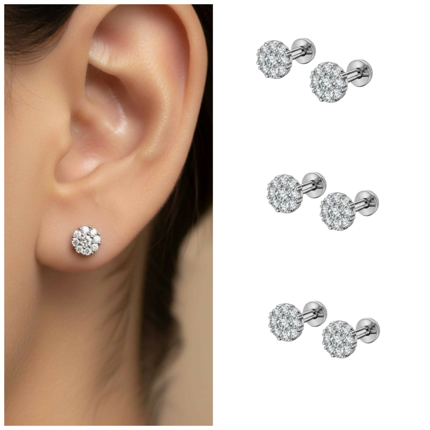 Silver plated crystal cluster flat back stud earrings combo pack of 3 pairs arranged on white background