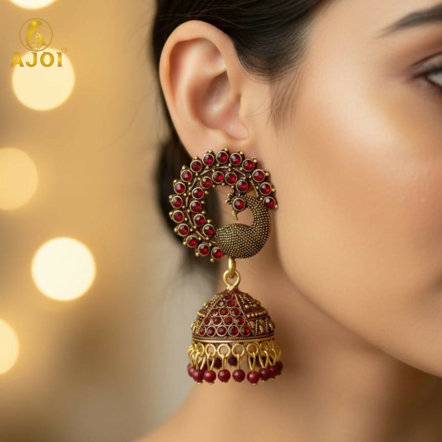 Royal Maroon Peacock Jhumka Earrings – Antique Gold Finish