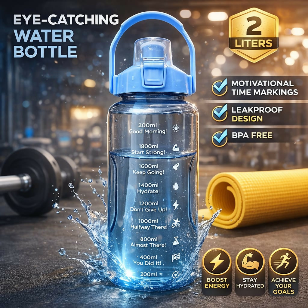 2-Litre Motivational Water Bottle with Time Marker & Straw | 2000ml Large Capacity BPA-Free Sports Bottle | Leak-Proof Gym Bottle for Fitness, Workout & Outdoor Activities