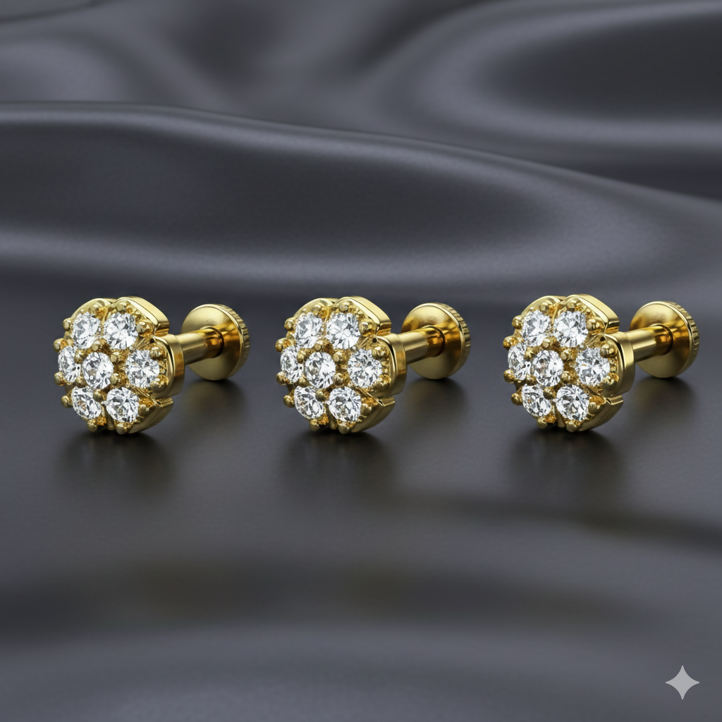 Gold plated cluster flower stud earrings with seven shimmering AD stones flat back design