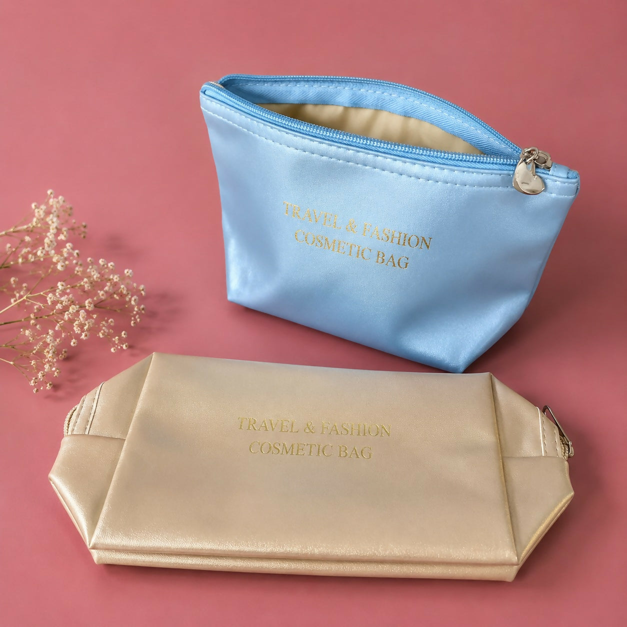 Interior view of travel makeup pouch showing spacious compartments