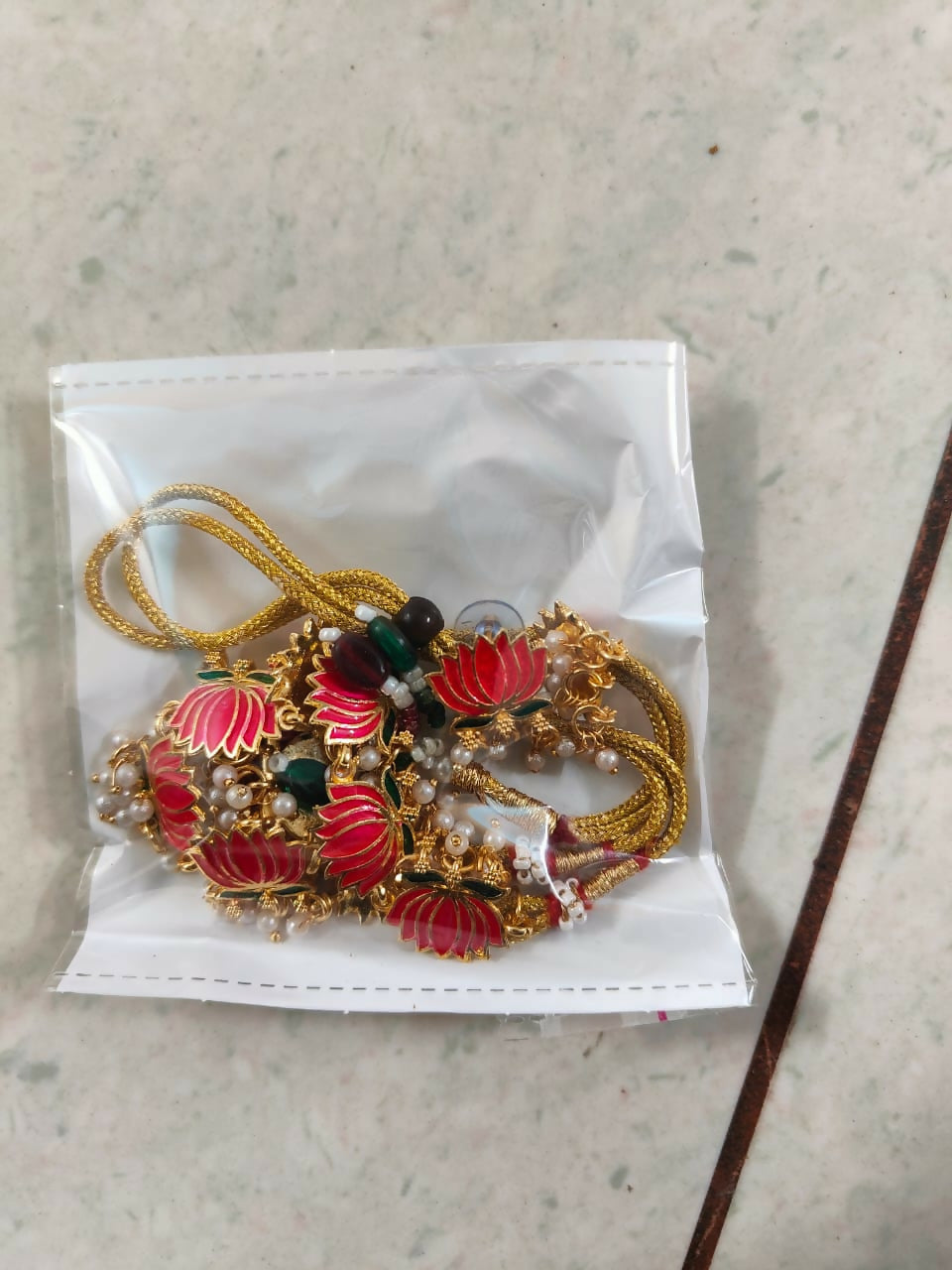 Gold Necklace with Green Red Lotus & White Beads Pendant for Women Stylish Jewelry