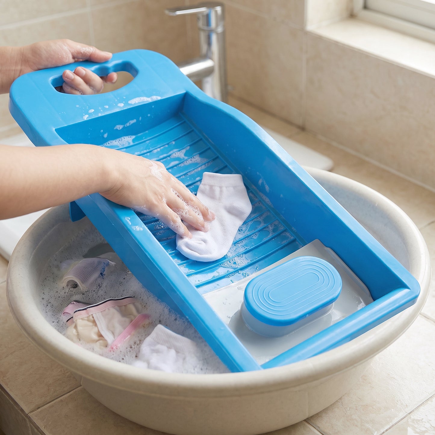 Portable Plastic Mini Washing Board with Soap Holder for Socks Laundry (1 Pc)