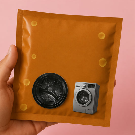 A hand holds an orange powder sachet with a washing machine drum and miniature washing machine graphic.