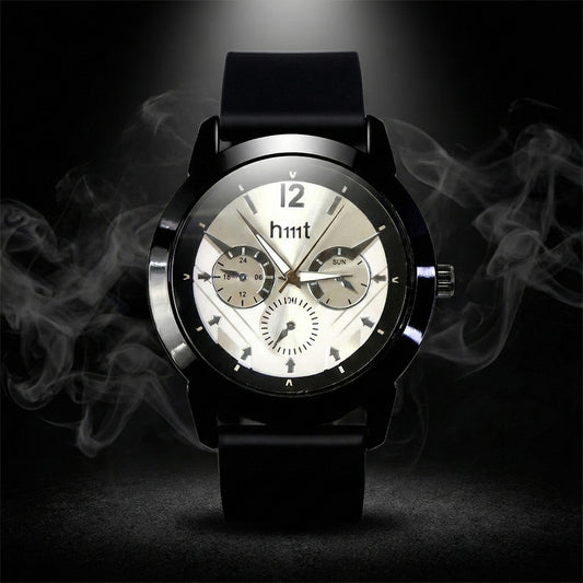 Premium Analog Wrist Watch with Silver Multi-Dial Face and Black Silicone Strap for Daily & Office Wear