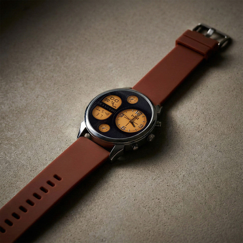 Side view of wristwatch featuring a multicolour silicone strap and sleek case design