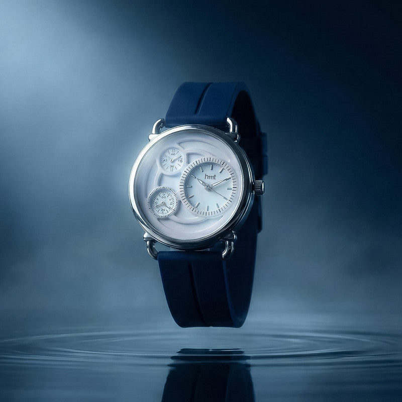 Elegant Analog Watch with Layered White Dial and Blue Magnetic Strap