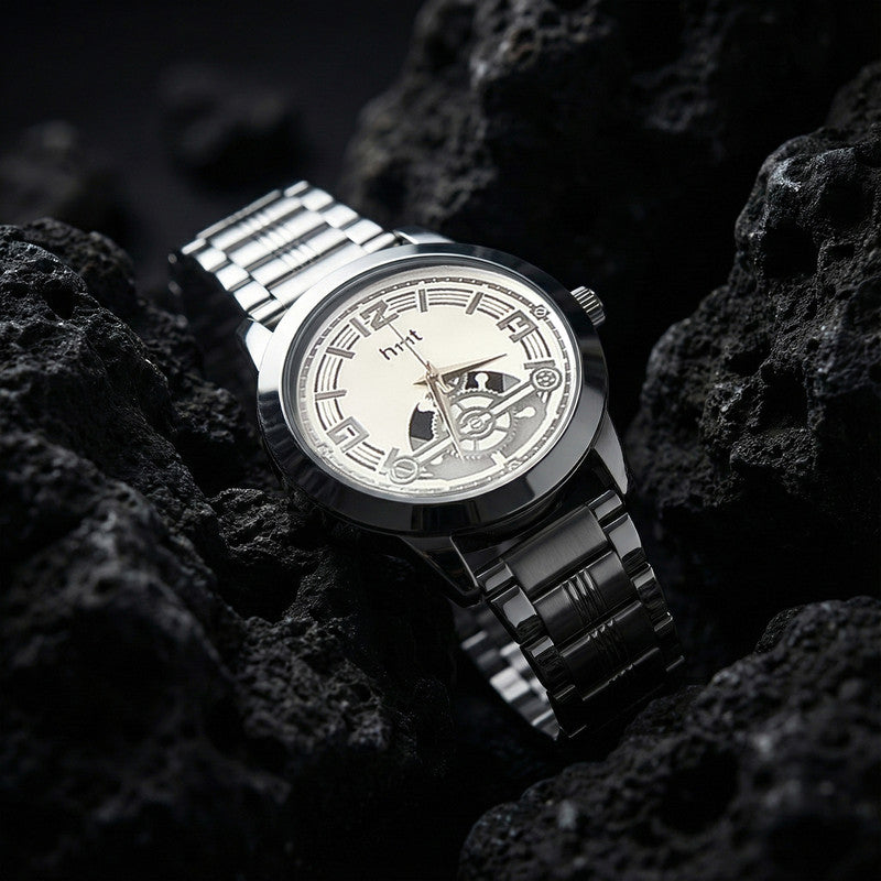 Full view of classic analog skeleton dial watch paired with metal strap