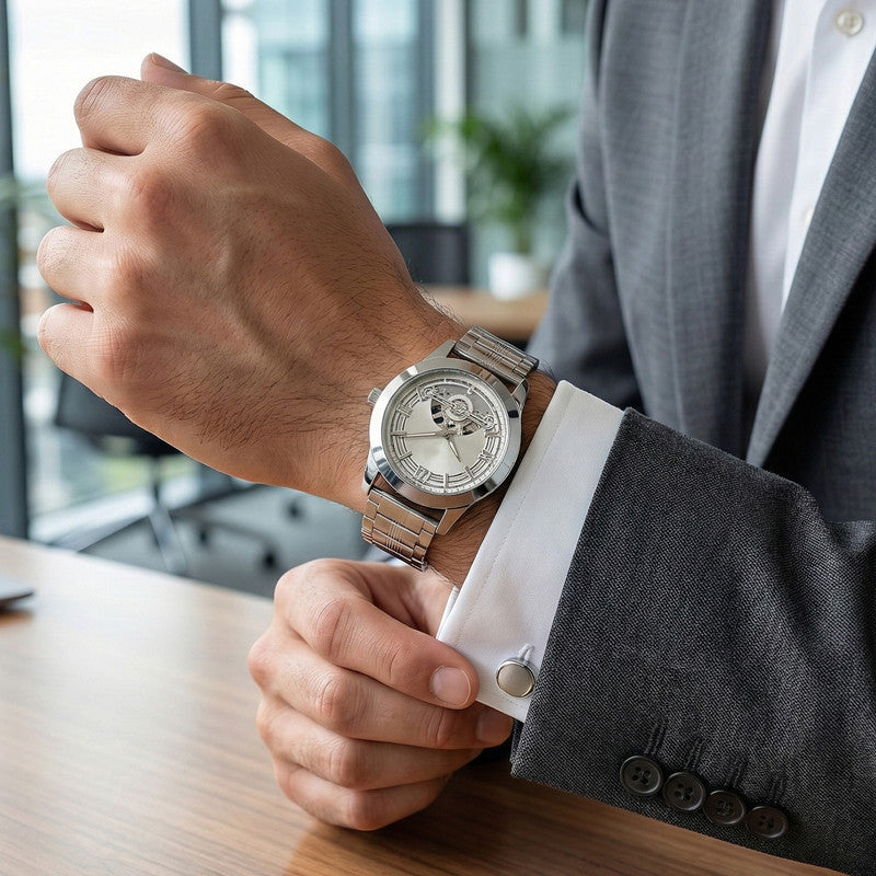 Skeleton dial wrist watch with premium metal strap styled for office wear