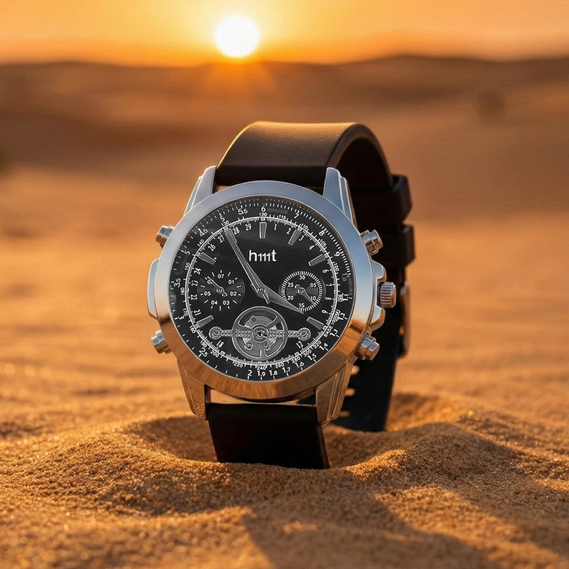 Chronograph-Style Analog Wrist Watch with Multi-Function Black Dial and Black Silicone Strap