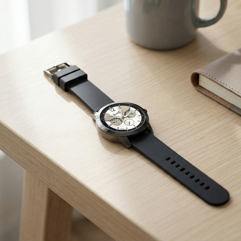 Premium Analog Wrist Watch with Silver Multi-Dial Face and Black Silicone Strap for Daily & Office Wear