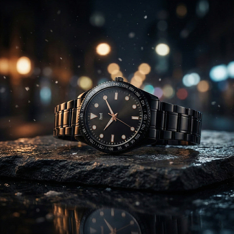 Close-up view of black dial wrist watch with tachymeter bezel and metal strap