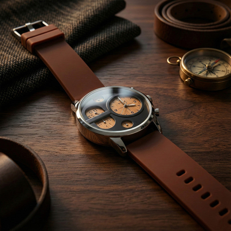 Front angle of analog watch with sporty multi-dial layout and soft silicone strap
