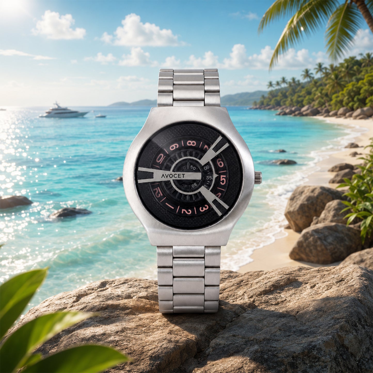 Close-up of silver watch with bold black dial and stylish design