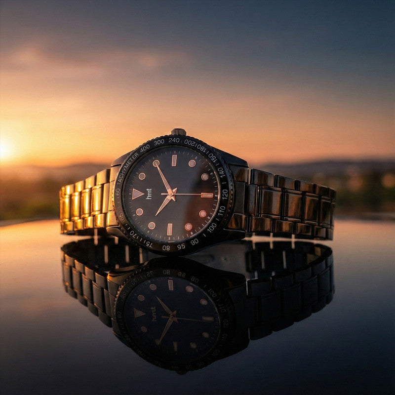 Elegant classic wrist watch with black dial and tachymeter bezel worn on wrist