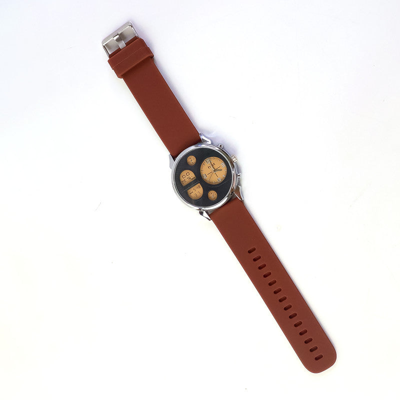 Analog wristwatch showcasing multi-function dial with classic warm-tone face