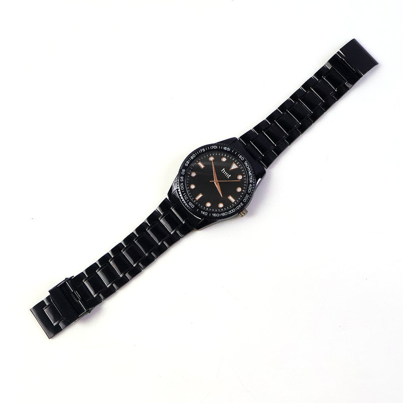 Side profile of black analog wrist watch with tachymeter bezel and sturdy strap