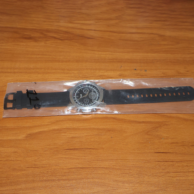 Chronograph-Style Analog Wrist Watch with Multi-Function Black Dial and Black Silicone Strap