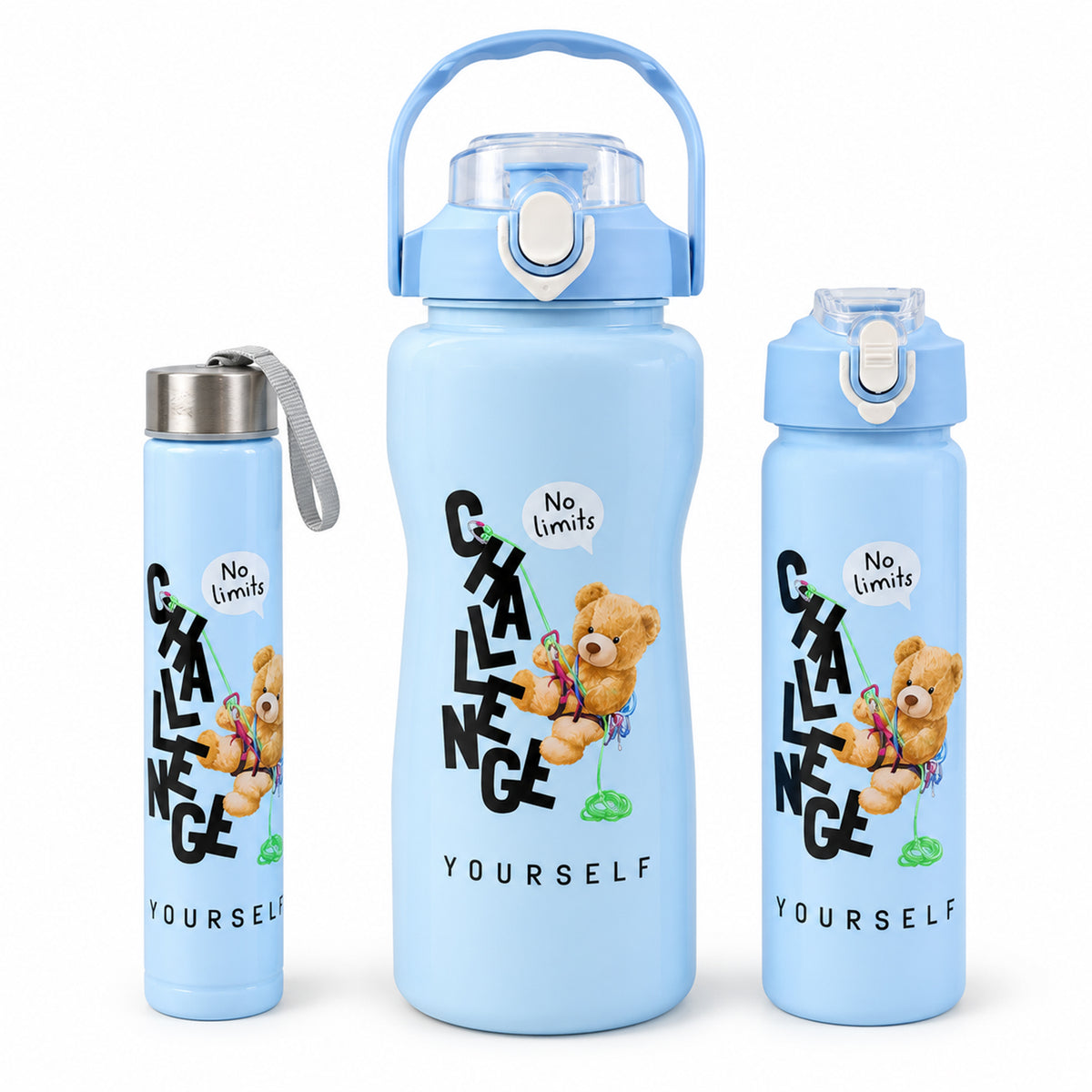 Three light blue water bottles of different sizes, each with a teddy bear graphic, against a white background.