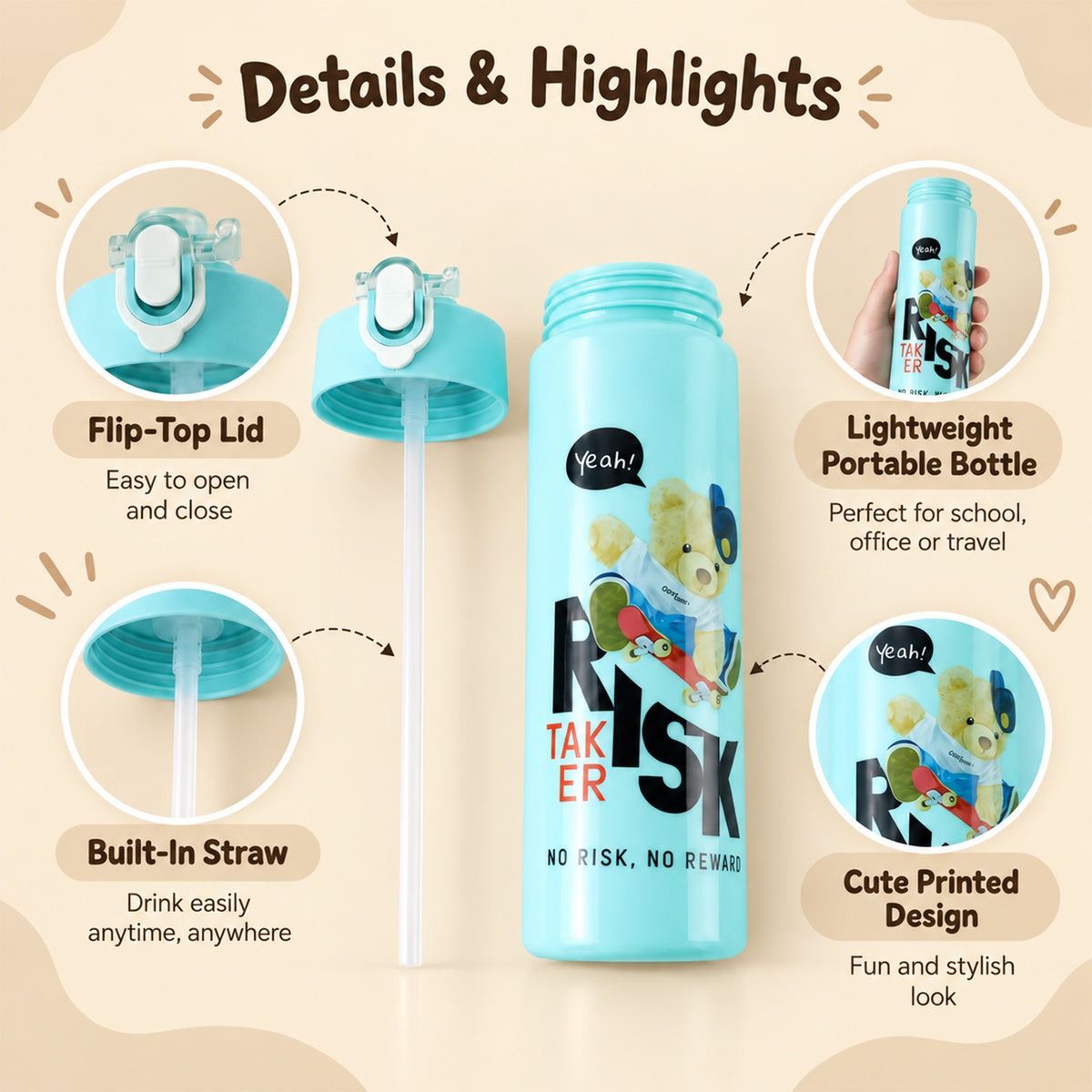 An infographic showing details of a light blue water bottle with a flip-top lid and built-in straw.
