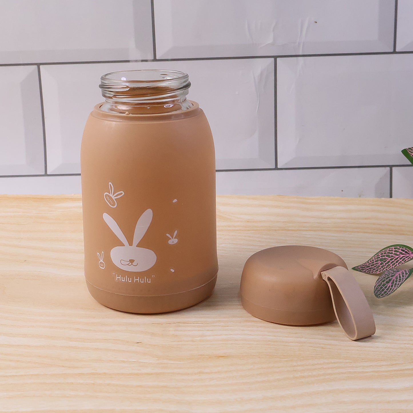 Cute Bunny Print Glass Drinking Brown Bottle (330ML / 1 Pc)